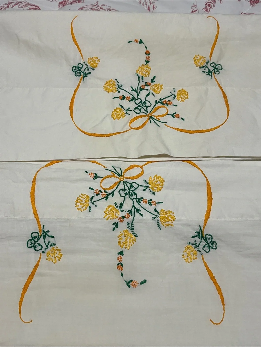 Set of 2, 1950’s Hand-Embroidered Pillowcases- As Is Condition- Light age spots